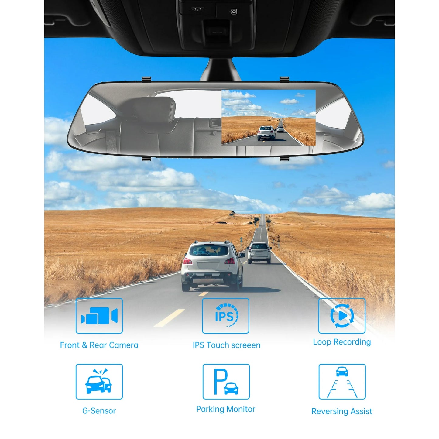 TOGUARD 720P Dual Dash Camera Front and Rearm, 4.3" Full Touch Screen, Rear View Mirror Camera, Night Vision, Parking Assist, Loop Recording, G-Sensor