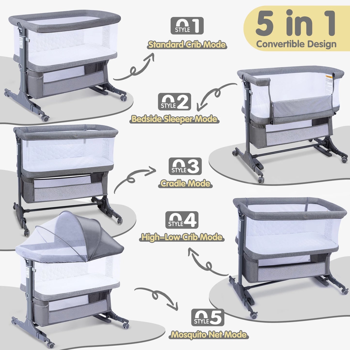 Spanspace Baby Bassinet 5-in-1 Bedside Sleeper with Mosquito Net, 6-Height Adjustable, Foldable Travel Crib, Breathable 3D Wool Mattress, Gray
