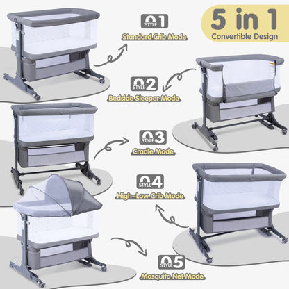 Spanspace Baby Bassinet 5-in-1 Bedside Sleeper with Mosquito Net, 6-Height Adjustable, Foldable Travel Crib, Breathable 3D Wool Mattress, Gray