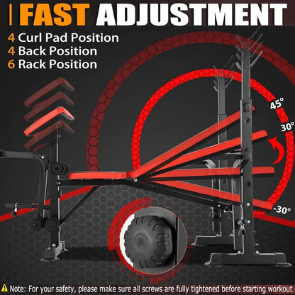 VIBESPARK Adjustable 6-In-1 Weight Bench, 600lbs Foldable Workout Bench with Barbell Rack & Leg Extension for Home Gym, Multi-Function Strength Training Bench Press Exercise Equipment