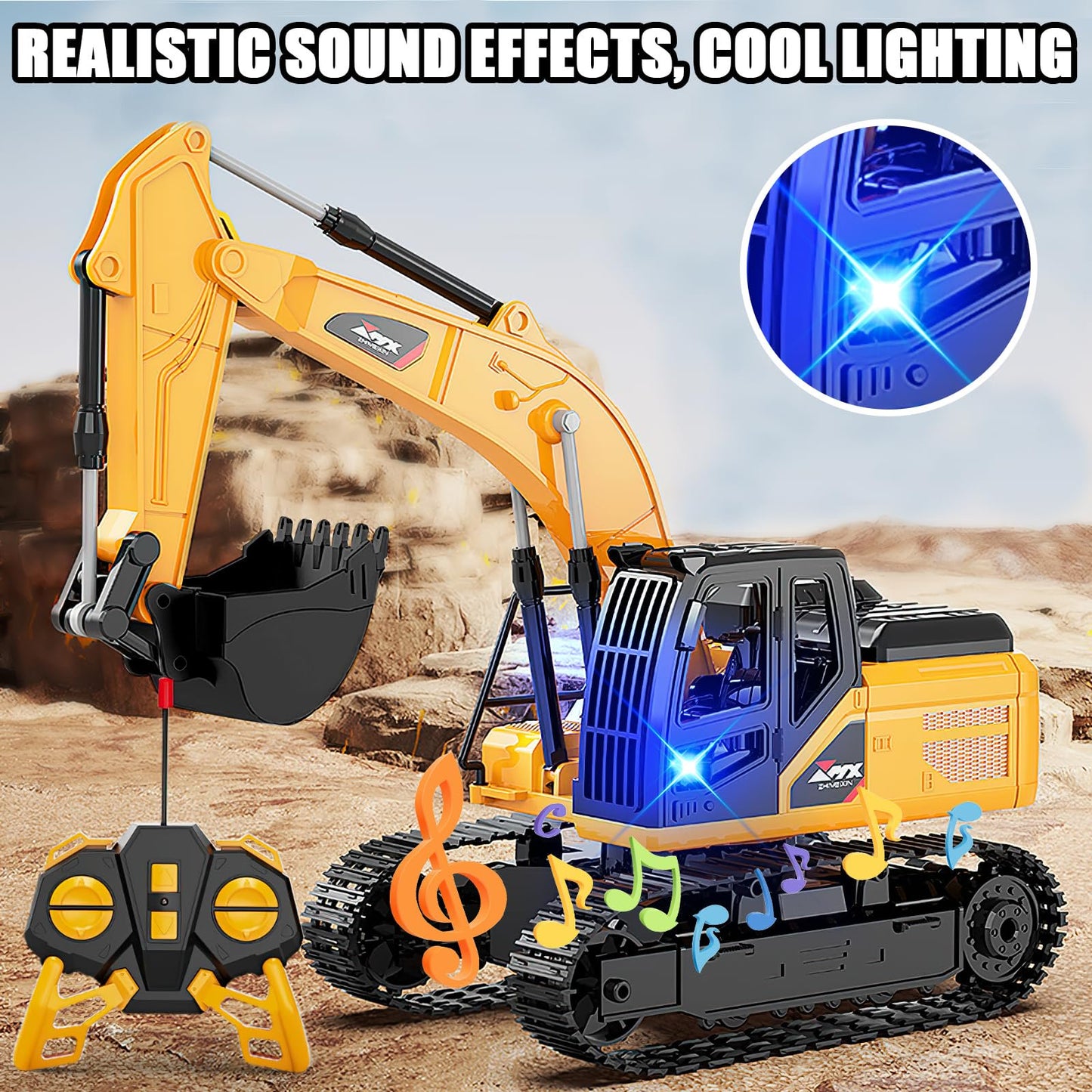 JUGAAD LIFE Remote Control Excavator Toys for Boys, 2.4Ghz RC Excavator Toy with Light and Sound, Construction Toys for Boys 3-5 4-7 8-12 Year Old Kids, Birthday Toy Gift for Girls