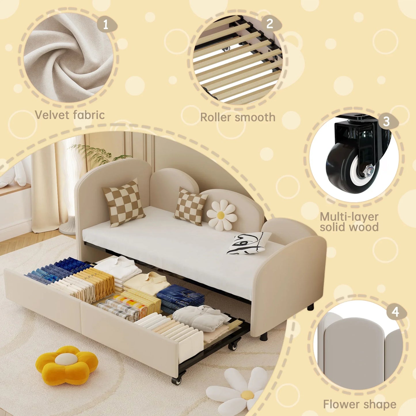 VLDTDRDI Twin Size Daybed with Trundle,Velvet Upholstered Sofa Bed Daybed Frame,Solid Wood Daybed for Bedroom Living Room Kids Room