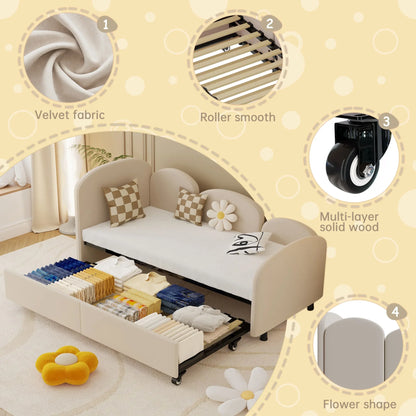 VLDTDRDI Twin Size Daybed with Trundle,Velvet Upholstered Sofa Bed Daybed Frame,Solid Wood Daybed for Bedroom Living Room Kids Room