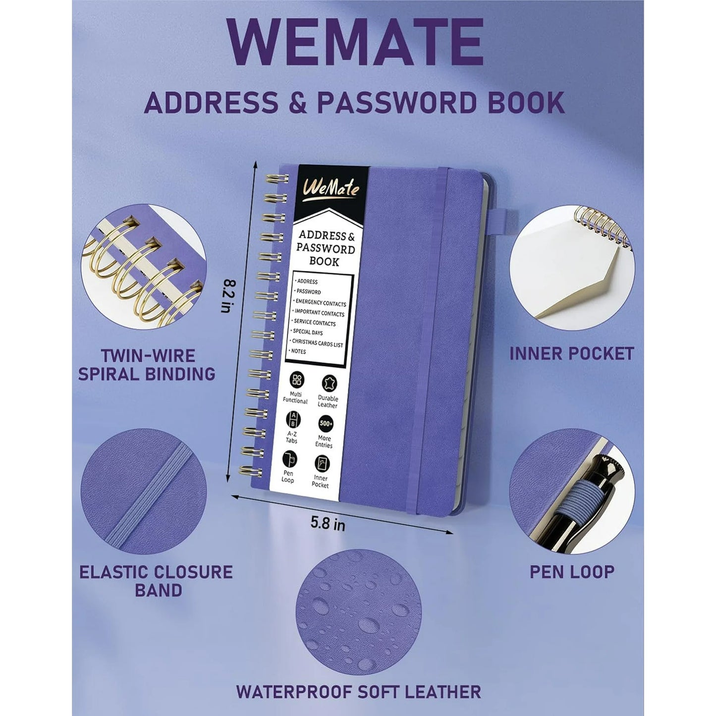 WEMATE Spiral Address Book with Alphabetical Tabs, Password Book,5.8″×8.2″, Large Print for Seniors, Purple