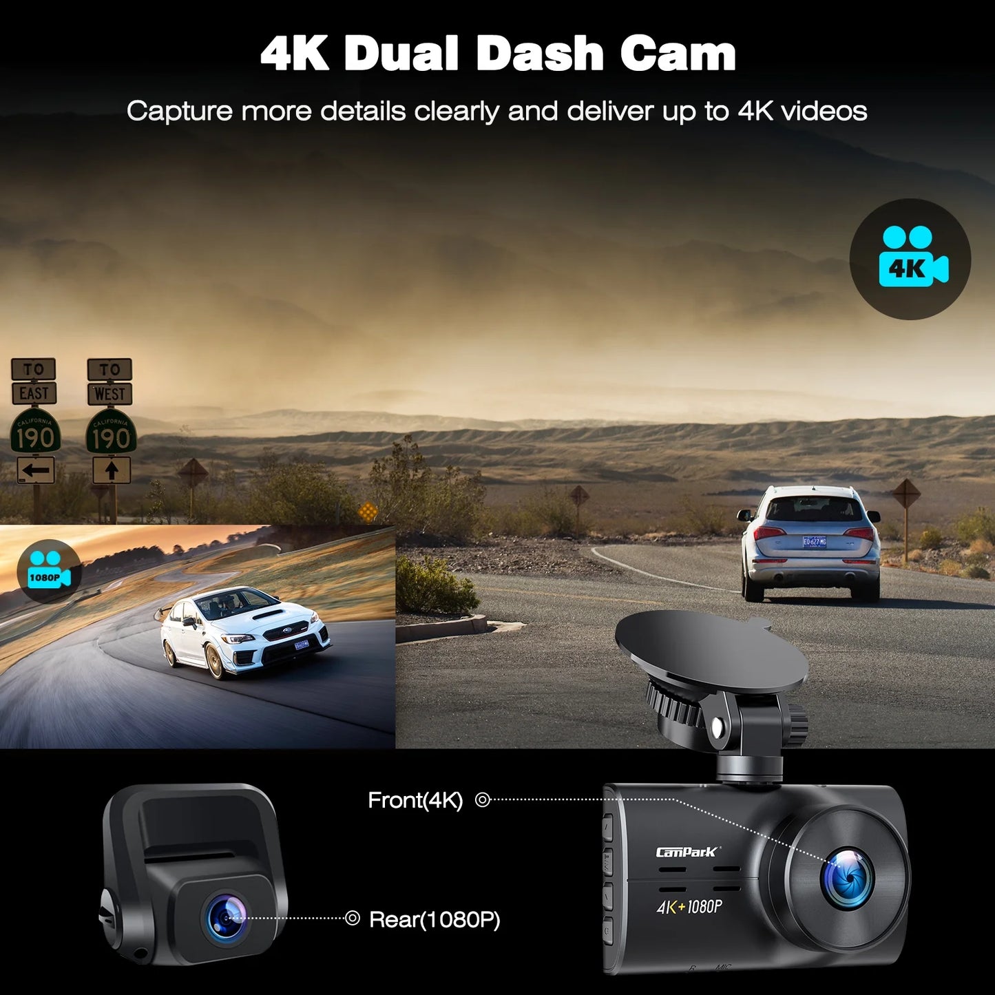 Campark 4K Dash Cam Front and Rear, 3 inch IPS Car Camera , Dual Dash Camera for Cars,UHD 2160P Night Vision, WDR