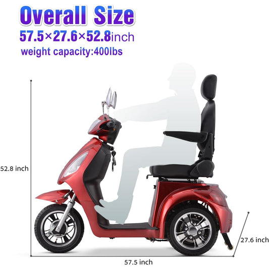 Super Large Electric 3 Wheel Mobility Scooters, Heavy Duty 800W Wheelchair Device, 500 LBS Capacity for Seniors  Adults, Speed Adjust, Remote Key, Receive Ready to Ride.（Red）