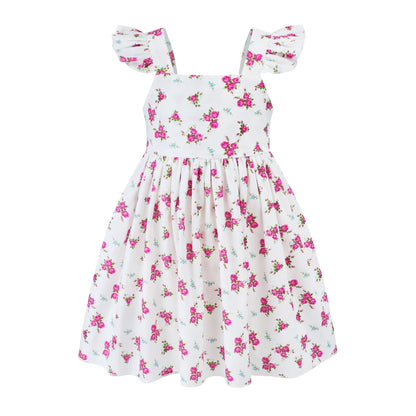 HILEELANG Toddler Flower Girl Spring Easter Pink Rose Floral Ruffled Sleeves White Backless Tie Back Knot Summer Beach Sundress 2T