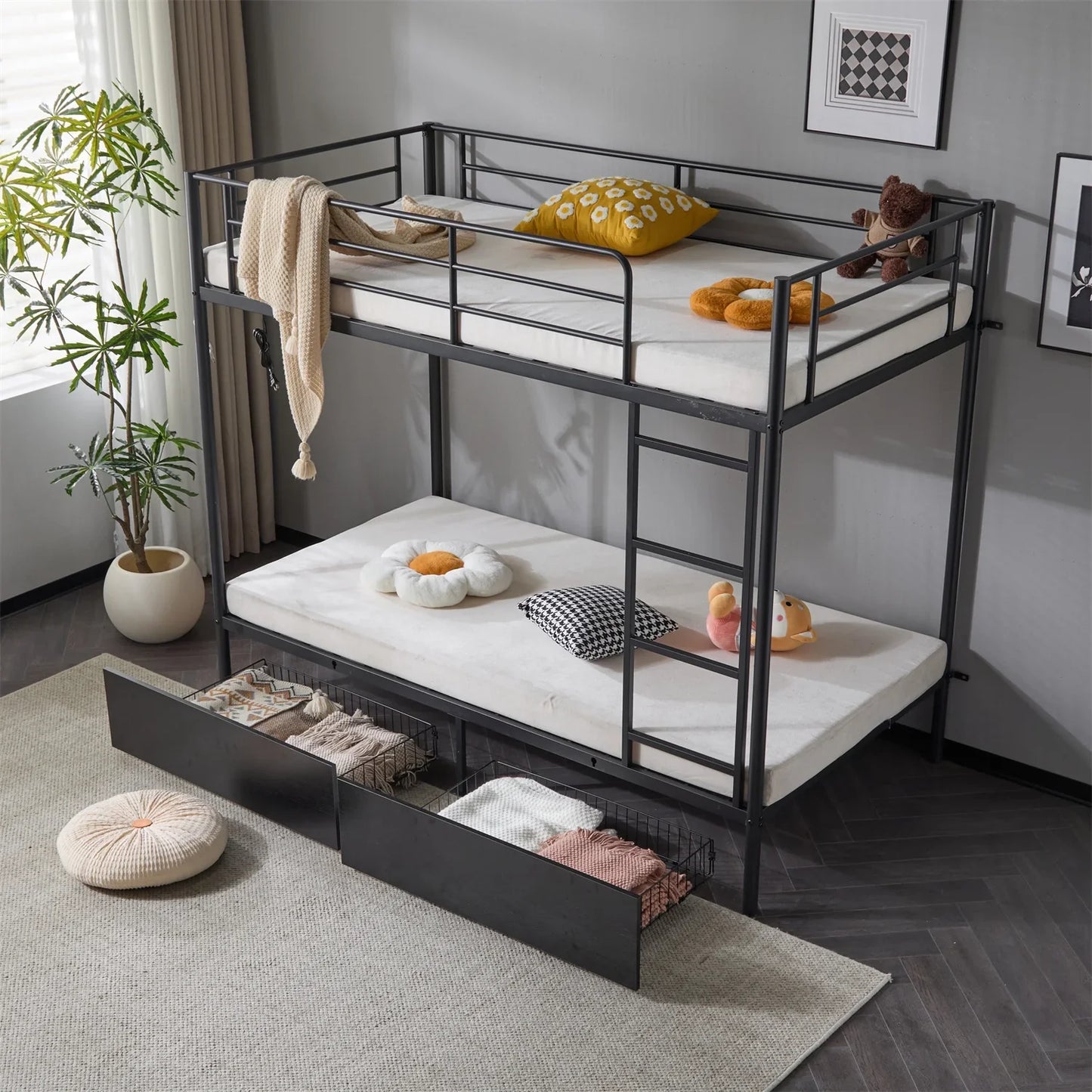 Zimtown Metal Twin-over-Twin Bunk Bed with 2 Drawers and Charging Station, Black