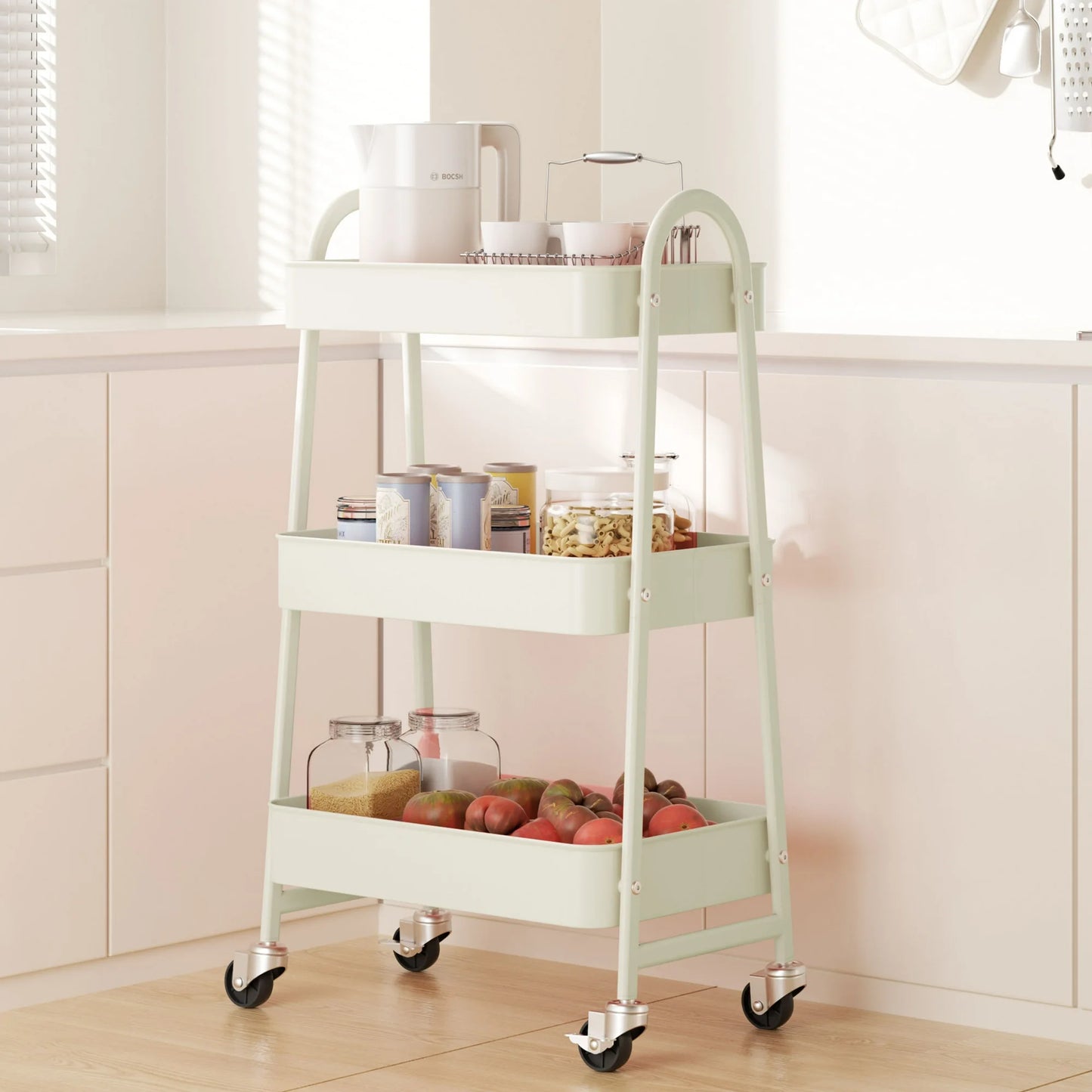 edx 3 Tier Rolling Cart, Metal Utility Cart Storage Organizer with Lockable Casters, Multi-Functional Mesh Rolling Storage Cart for Kitchen Office, White