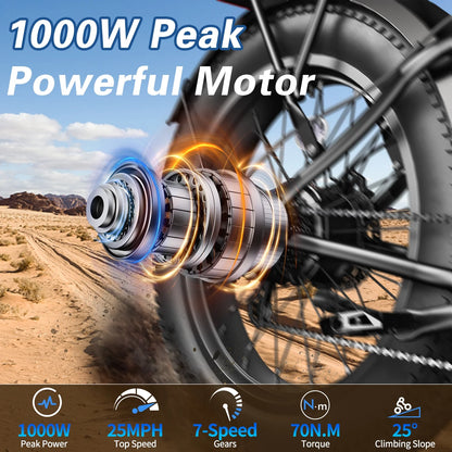 Skeri Electric Scooter, 26" Fat Tire E Bike, 1000W Motor, 48V 13Ah Removable Electric Bike for Adults, 60 Miles & 25 mph, Electric Bicycle with 7 Speed and Front Suspension