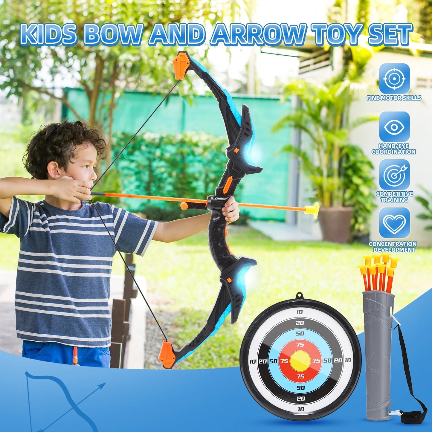 JoyStone Bow and Arrow Set for Kids- LED Light up Archery Toy Set with 8 Suction Cup Arrows, Target & Quiver and 6 Target Cans, Indoor and Outdoor Toys for Children Boys Girls, Blue