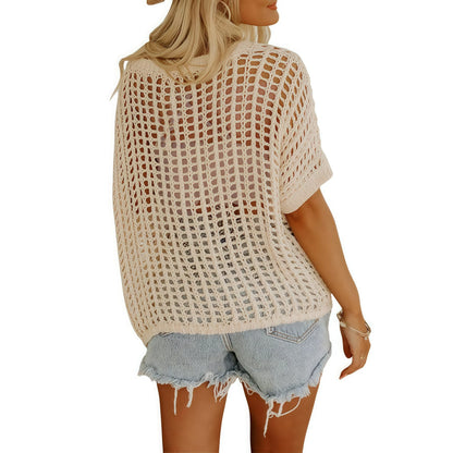 UVN Crochet Beach Coverups Women Swimsuits Summer Short Sleeve Blouses Knit Hollow Out Tops