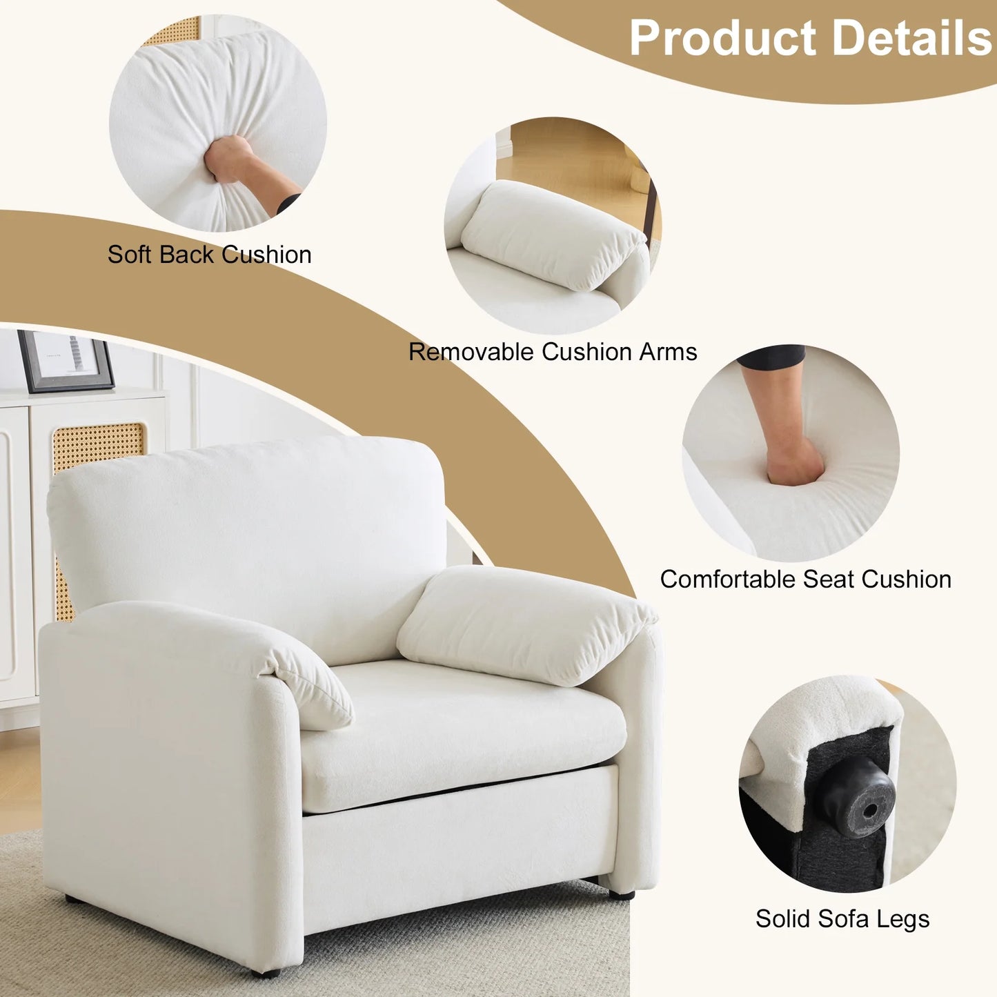 Ktaxon Oversized Accent Chair Chenille Armchair Upholstered Reading Chair Comfy Single sofa for Bedroom, Office, Apartment, Dorm Off White