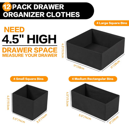 12 Pack Drawer Organizer Clothes, Dresser Organizer Bins for Nursery, Closet Organization and Storage Dividers for Clothing, Baby Clothes, Underwears, Socks - Black