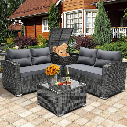 Rattan Patio Sofa Set, 4 Pieces Outdoor Sectional Furniture, All-Weather PE Rattan Wicker Patio Conversation, Cushioned Sofa Set with Glass Table & Storage Box for Patio Garden Poolside Deck