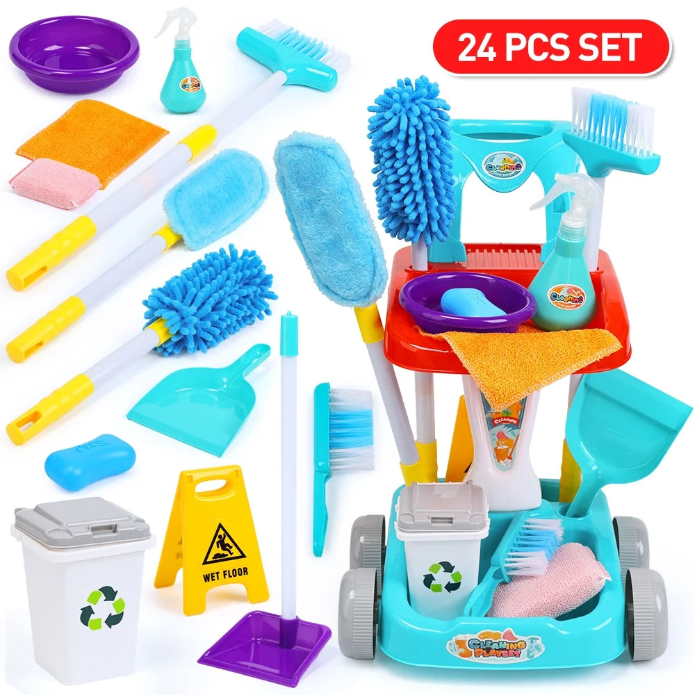 JoyStone Kids Cleaning Set Toys, 22PCS Pretend Play Housekeeping Supplies Kit Complete Includes Sweeping Broom, Mop, Duster, Dustpan, Brush, Rag, Housekeeping Cart Toys Gift for Kids