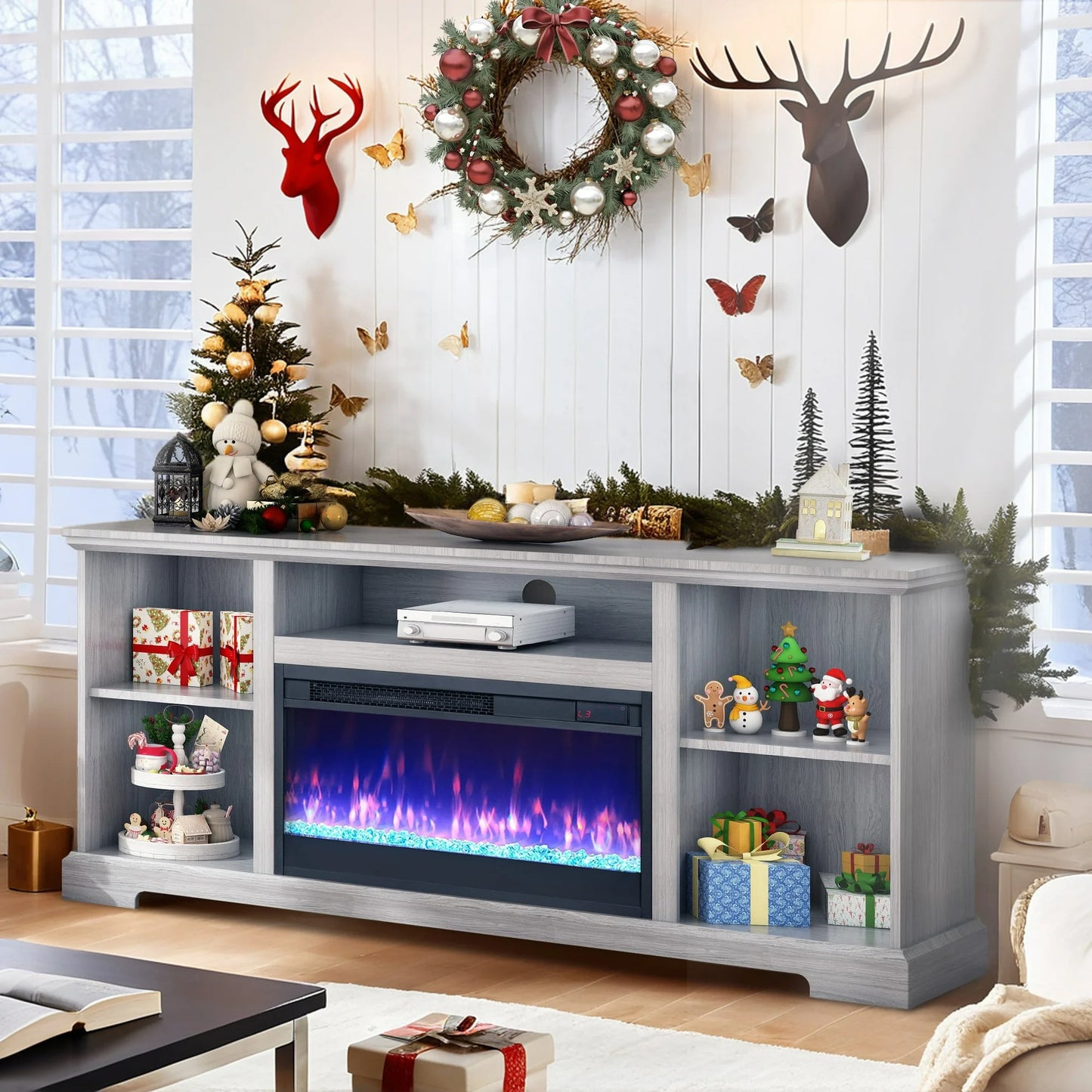 IMKHK Fireplace TV Stand for TVs up to 60", Farmhouse TV Console Table with Storage Shelves and Remote Control, Media Entertainment Center with 23" Electric Fireplace for Living Room Bedroom, Gray