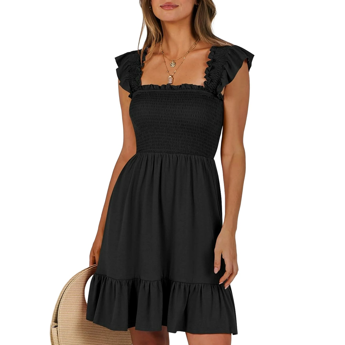 UVN Summer Dresses for Women Casual Sleeveless Square Neck Midi Dress Ruffle Backless Swing Flowy Tiered Dress