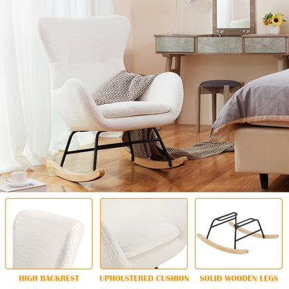 TrumanPick Nursery Rocking Chair Teddy Upholstered Glider Rocker Rocking Accent Chair with High Backrest Comfy Armchair for Living Room, White