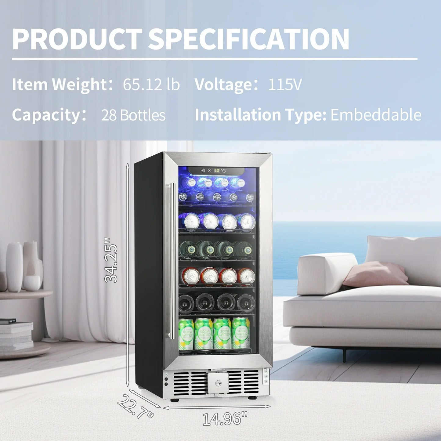 Auseo 15'' 2.9Cu.ft. Beverage Refrigerator Cooler, Under Counter with 125 Cans Built-in Beverage Fridge with Stainless Steel Frame & Handle & Door Lock