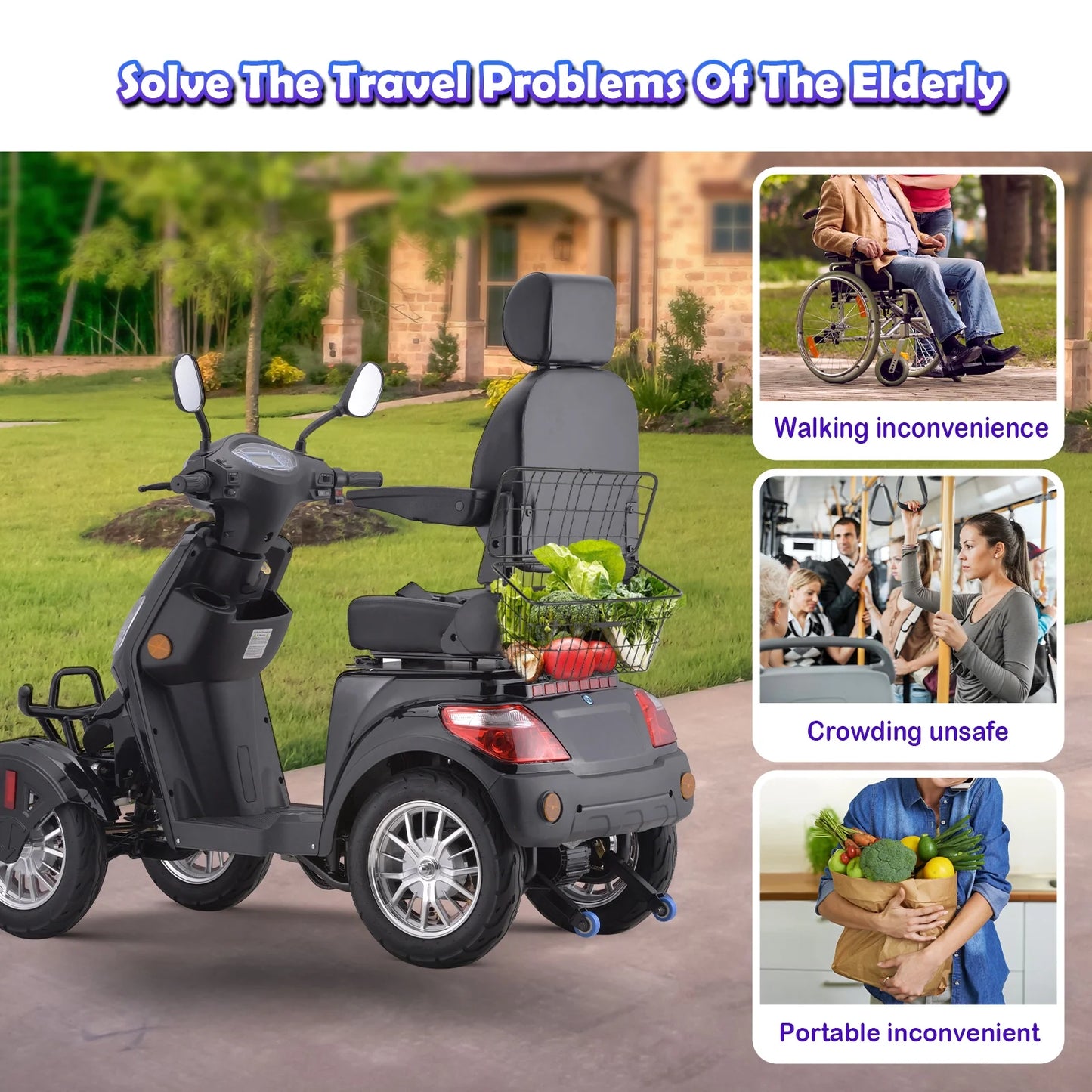 SKRT Large 4 Wheels Mobility Scooter (XW-E01), Electric Heavy Duty Wheelchair Device, 500 LBS Capacity for Seniors & Adults, Speed Adjust, Rear Trunk, Seat Extension