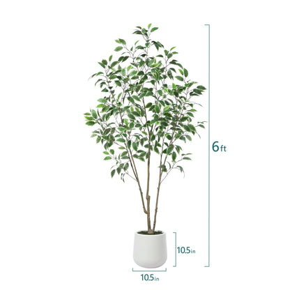 6ft Fake Ficus Tree with Oval White Planter, Pre Potted Faux Greenry Plant for Home Decor Office House Living Room Indoor Outdoor, Big Fake Plants Fake House Plants
