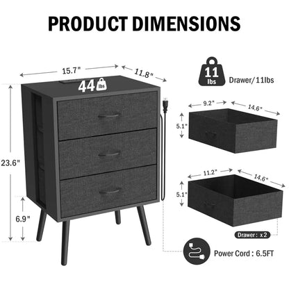 Dolonm Nightstand Set of 2,Nightstand with Power Outlet & USB Ports, Bedside Table with 3 Fabric Drawer & LED Light,for Bedroom