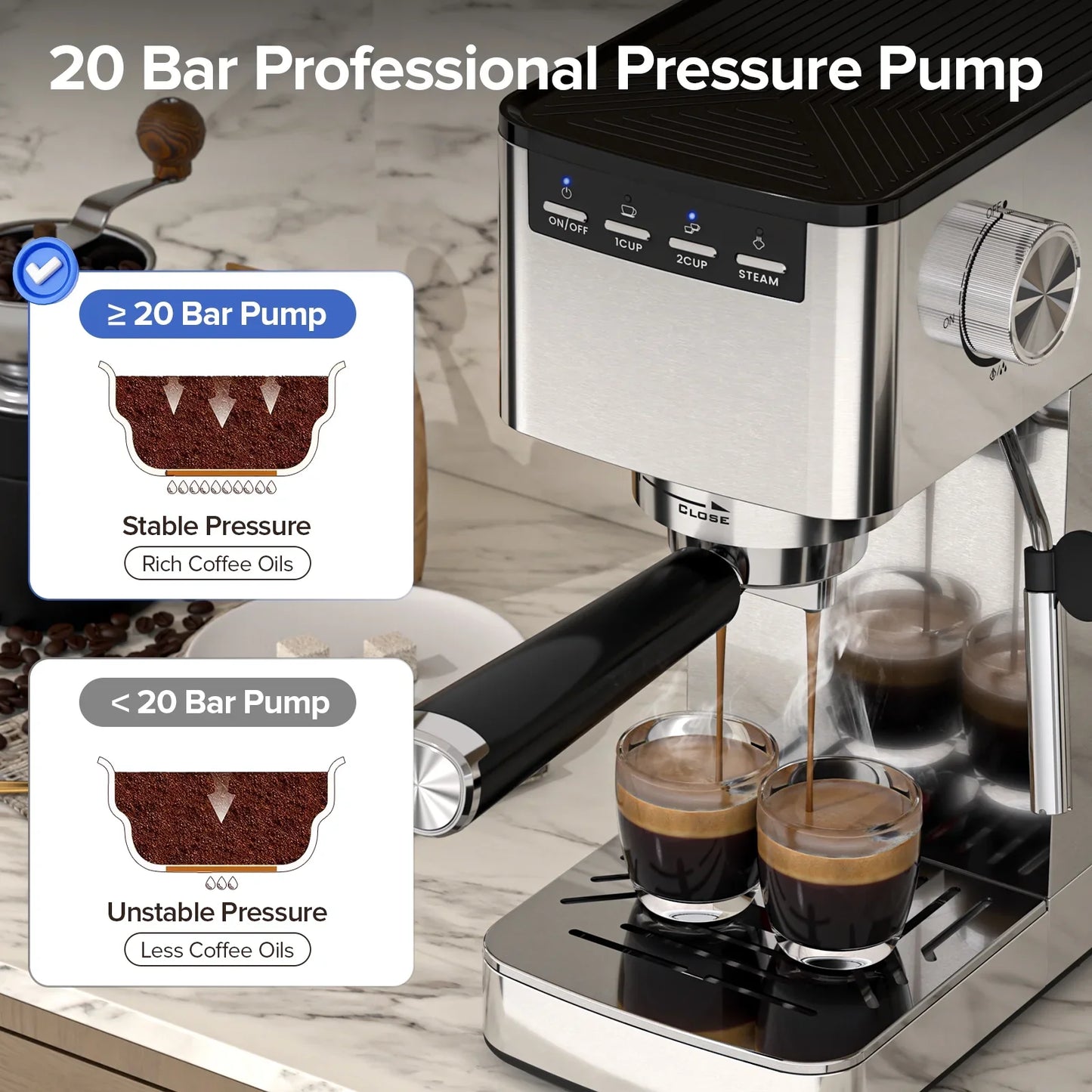 Auseo 20 Bar Espresso Machine with Milk Frother Steam Wand & 40oz Removable Water Tank, for Latte, cappuccino, Stainless Steel