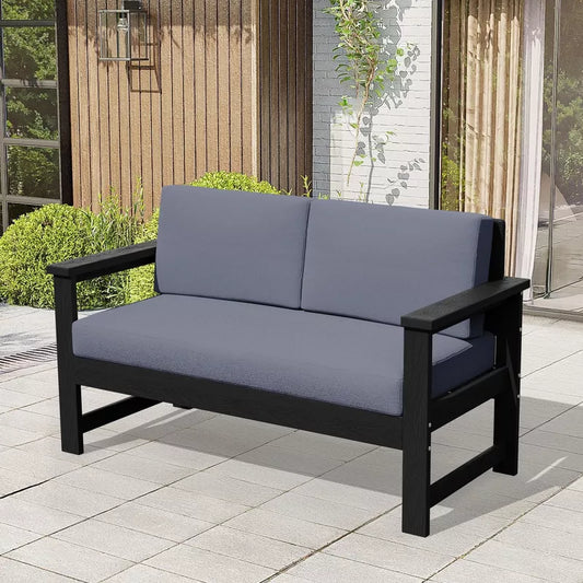 Hyleory HDPE 4-Piece Outdoor Sofa Set with Cushions, Conversation Set Including One Loveseat, Two Accent Chairs and a Coffee Table