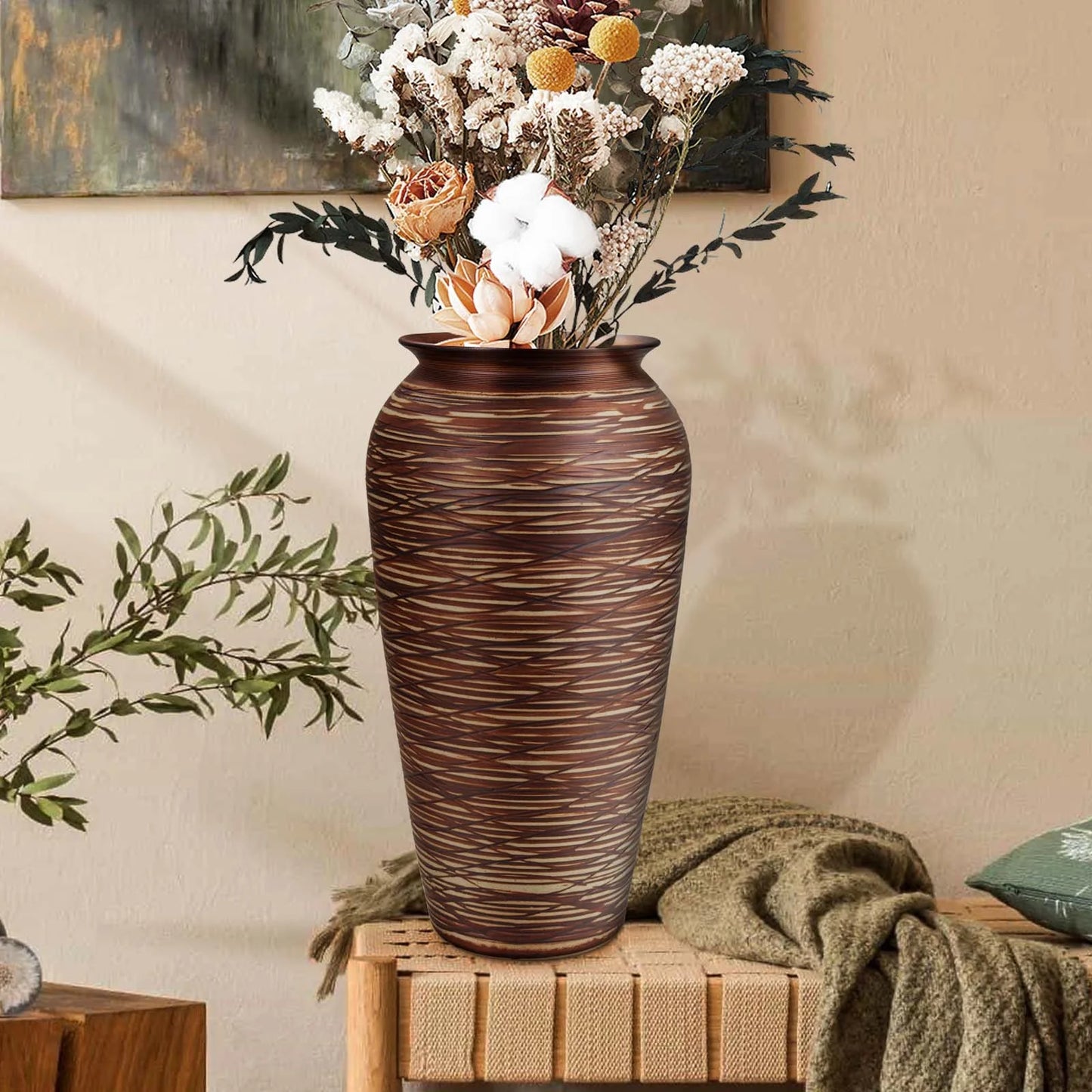 ORYNOVA Rustic Large Ceramic Floor Vase, 12 in Stain Resistant Vase for Home Decor,Tall Farmhouse Decorative Vase For Living Room,Entryway,Wedding Gift,Shelf Display