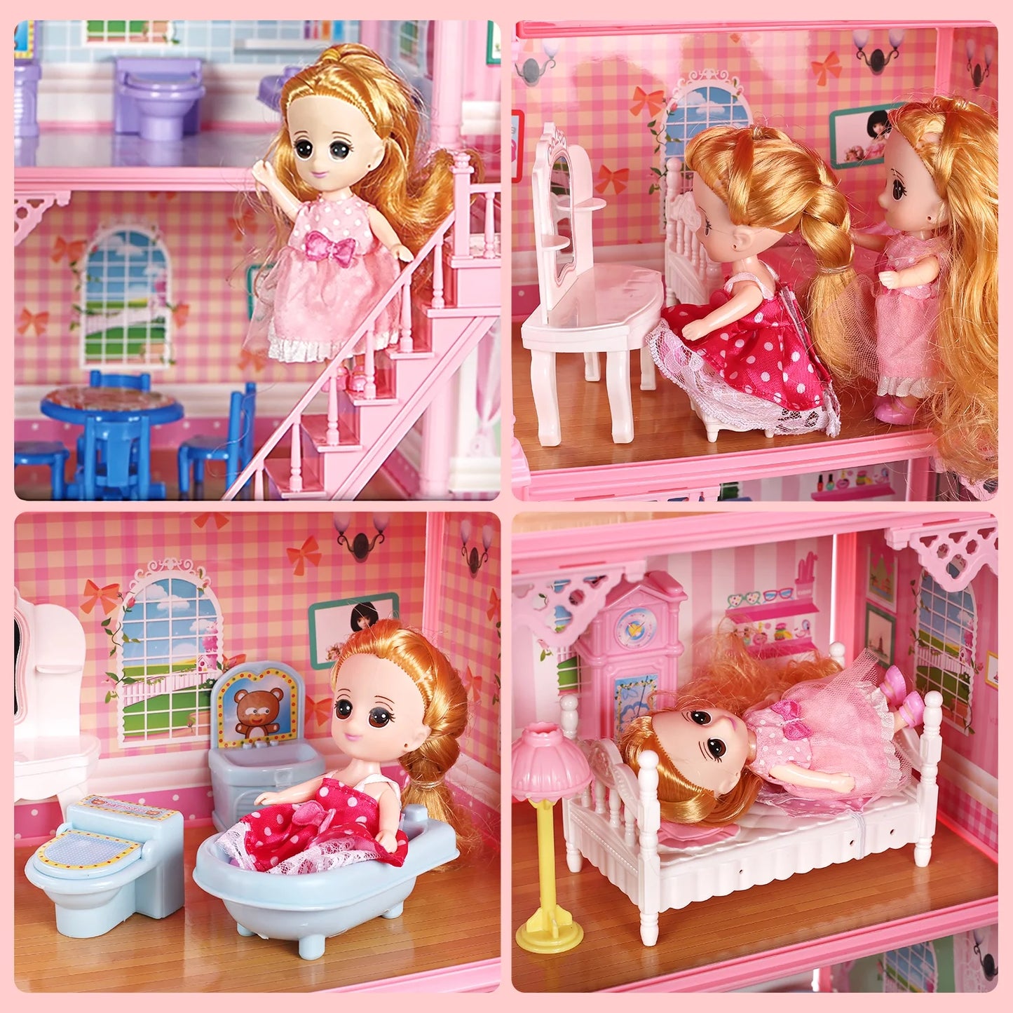 JoyStone 11 Rooms Huge Dollhouse with Play Mat, 2 Dolls and Colorful Light, 31" x 28" x 27" w/Furniture Doll House Gift for Girls