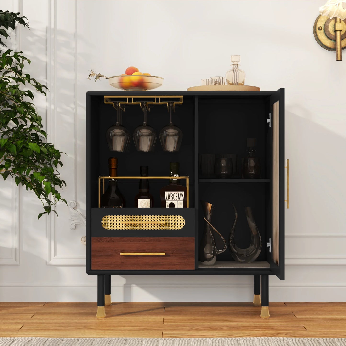 CBJCBJ Wine Bar Cabinet, Modern Coffee Cabinet with 3 Rows of Glass Racks, Sideboard Cabinet, Black
