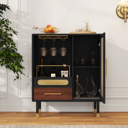 CBJCBJ Wine Bar Cabinet, Modern Coffee Cabinet with 3 Rows of Glass Racks, Sideboard Cabinet, Black