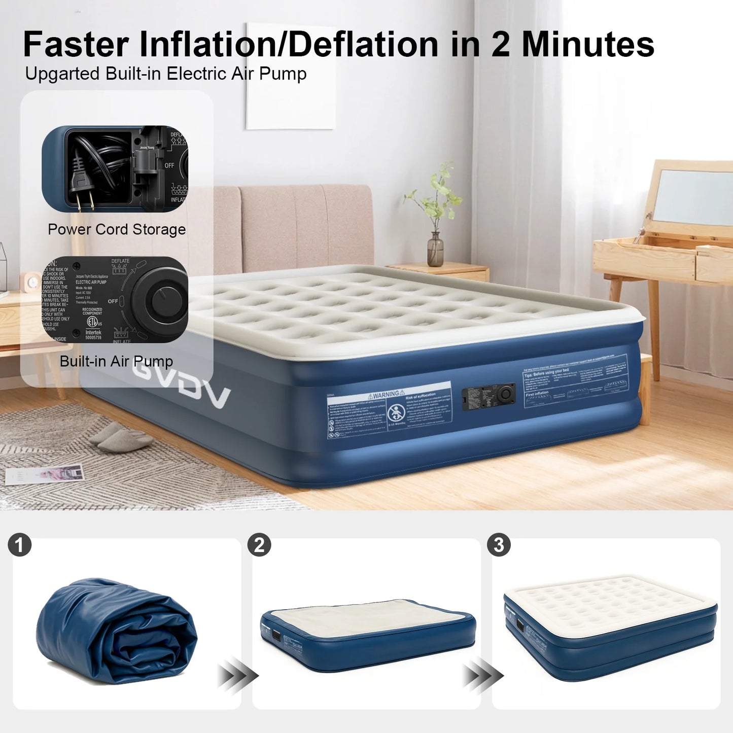 GVDV 18" Queen Air Mattress with Built-in Pump, Raised Inflatable Air Bed for Guests & Home, Comfortable Blow-up Mattress, Upgraded 4-Chamber Design, Supports up to 660 lbs