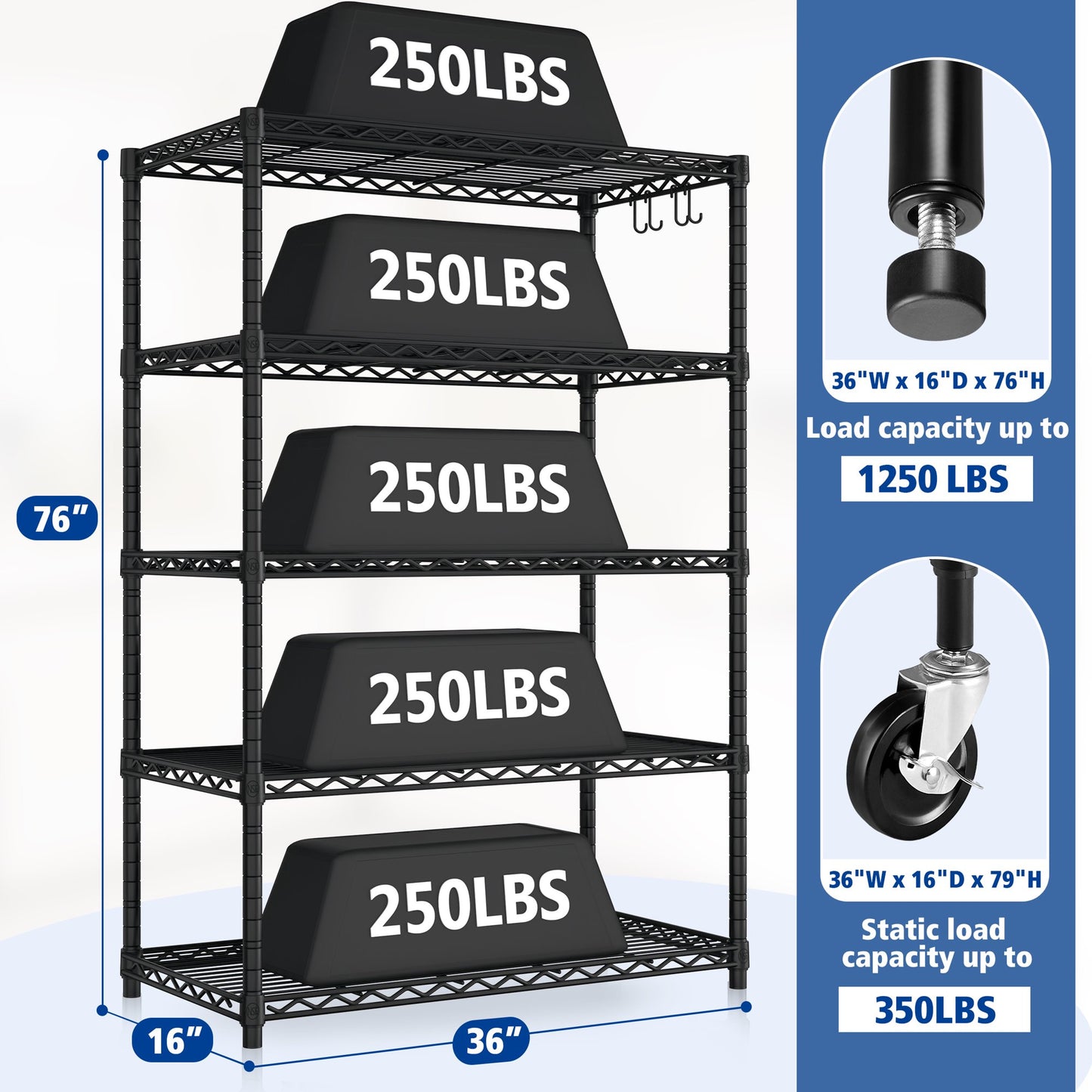 TrumanPick 5Tier Wire Shelving Unit, Adjustable Heavy Duty Steel Wire Rack for Kitchen, Garage, 36" W x 16" D x 76" H, Black