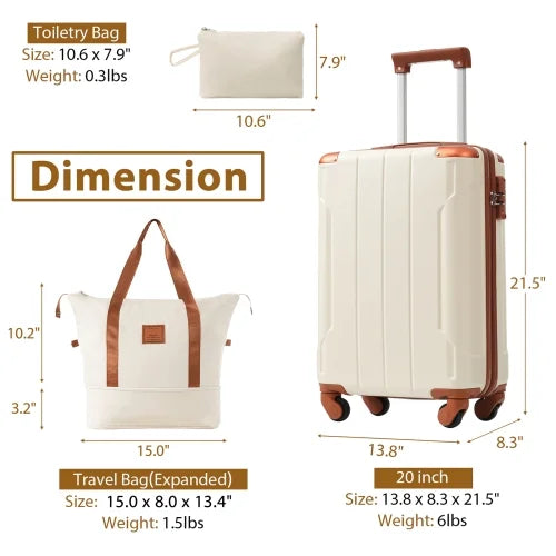 Hardshell Luggage Sets 3 Piece Carry-on Suitcase Lightweight ABS with Double Spinner Wheels for Men Women, White (20 Inch)