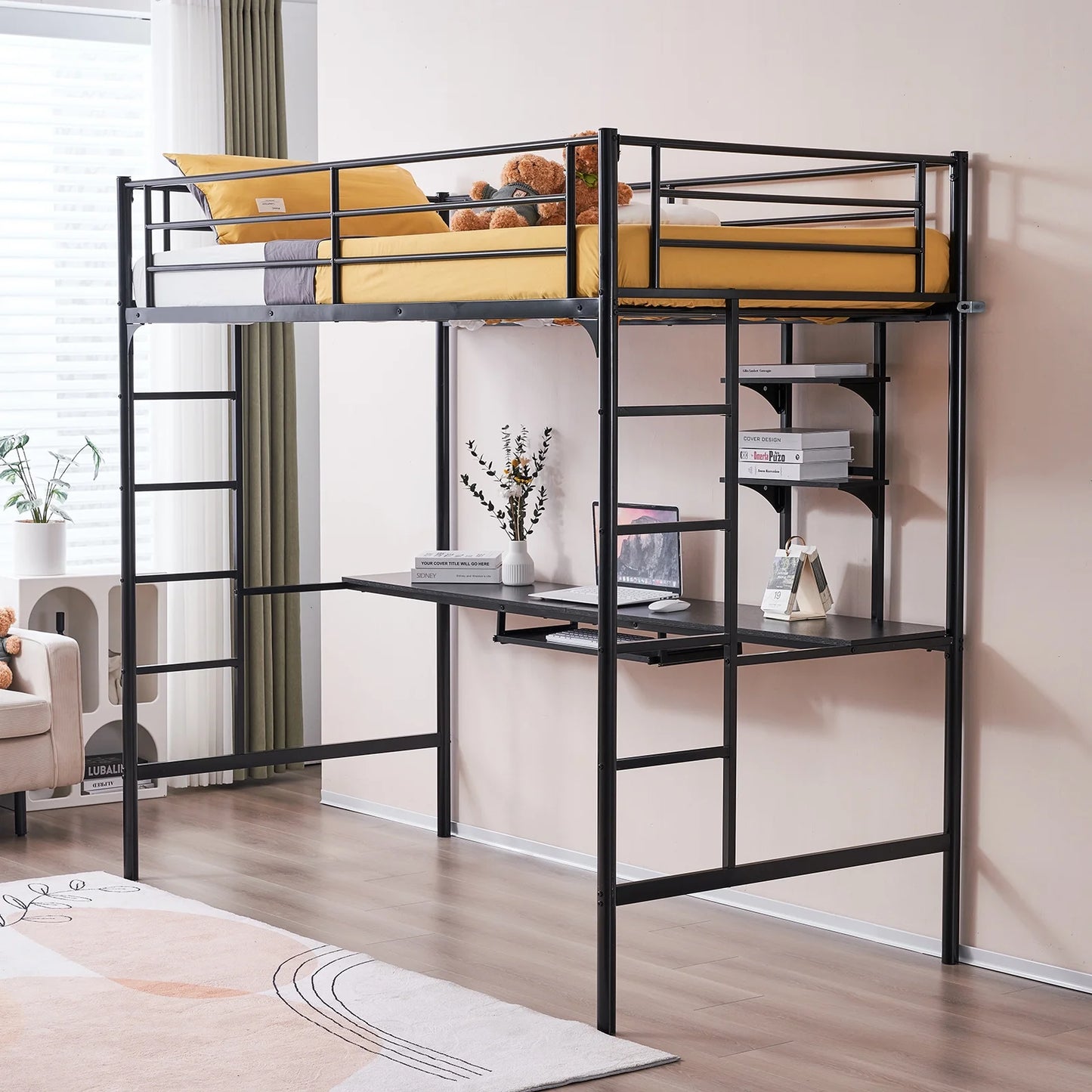 Ktaxon Twin Loft Bed with Desk, Metal Bunk Bed Frame with Shelf for Small Space, Black