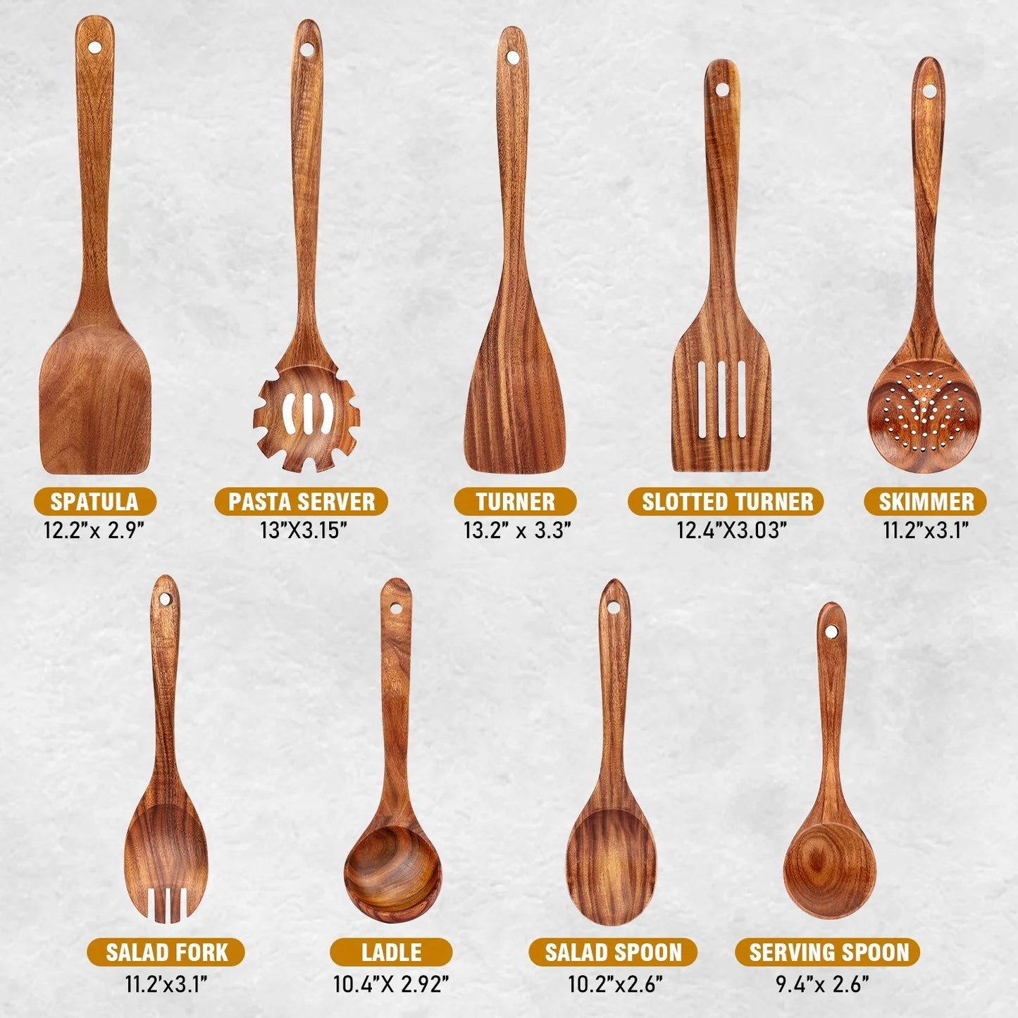 9-Piece Teak Wooden Utensils for Cooking - AOKIWO Smooth Finish Natural Teak Utensil Set - Non-Stick Wooden Spoons for Cooking - Kitchen Gift Set - Comfortable Grip Wooden Utensil Set