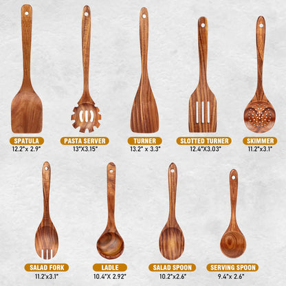 9-Piece Teak Wooden Utensils for Cooking - AOKIWO Smooth Finish Natural Teak Utensil Set - Non-Stick Wooden Spoons for Cooking - Kitchen Gift Set - Comfortable Grip Wooden Utensil Set