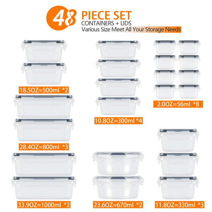 48 PCS Plastic Food Storage Containers with Lids (24 Containers & 24 Lids), Leakproof BPA-Free Containers for Kitchen Organization, Meal Prep, Reusable Lunch Container