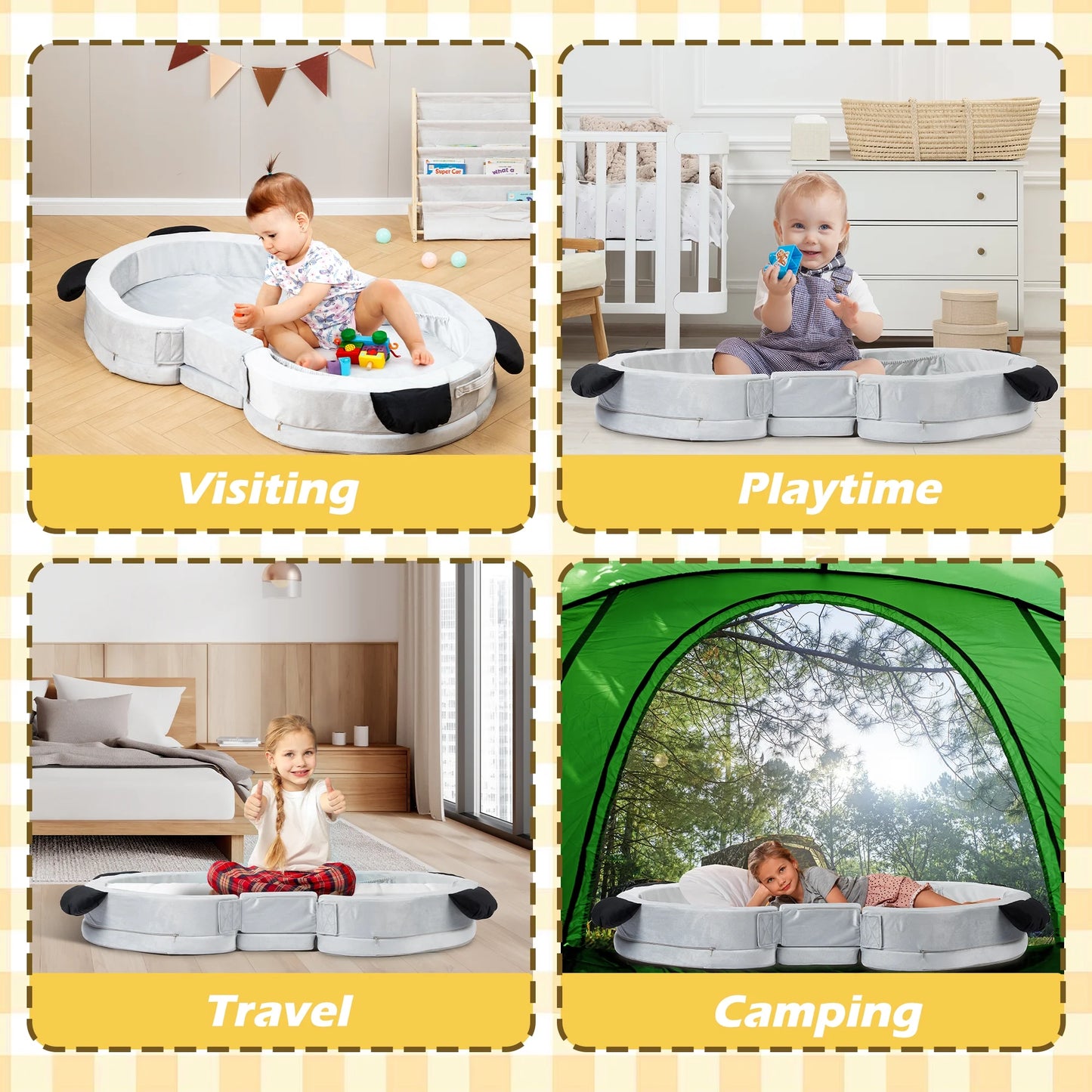 spanspace Foldable Toddler Travel Bed, Portable Floor Bed for Kids with Washable Cover, Toddler Cots for Sleeping with Adorable Panda Design, No Assembly Required, Easy to Carry, Gray