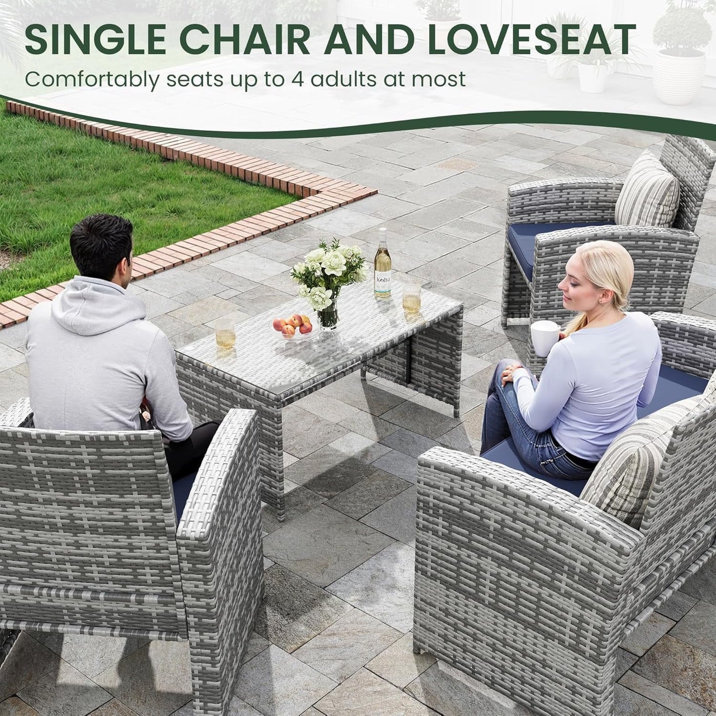 UDPATIO Patio Furniture Set 4 Pieces Outdoor Furniture with Soft Cushion and GlassTable, All Weather Manual Weaving WickerRattan Patio Chairs for Garden, Terrace, Porch,Lawn (Gray/Blue)