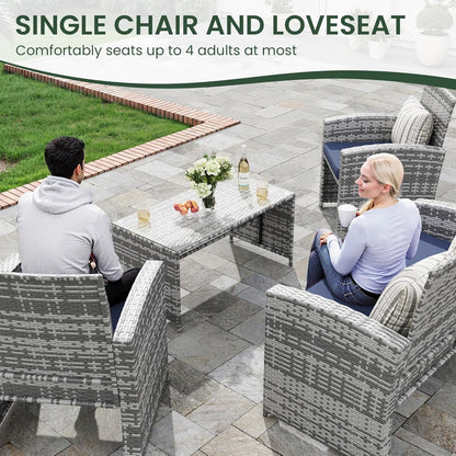 UDPATIO Patio Furniture Set 4 Pieces Outdoor Furniture with Soft Cushion and GlassTable, All Weather Manual Weaving WickerRattan Patio Chairs for Garden, Terrace, Porch,Lawn (Gray/Blue)