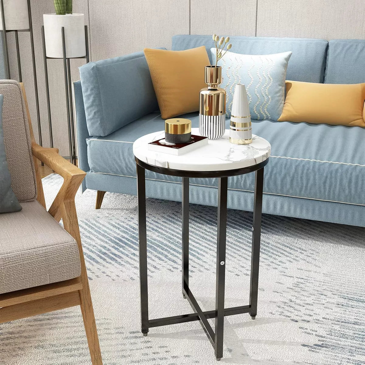 Hooseng Faux Marble Round Side Table Set of 2, 16 Inch Living Room End Table Accent Table Nightstand with Metal Frame for Bedroom, Small Spaces