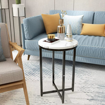 Hooseng Faux Marble Round Side Table Set of 2, 16 Inch Living Room End Table Accent Table Nightstand with Metal Frame for Bedroom, Small Spaces