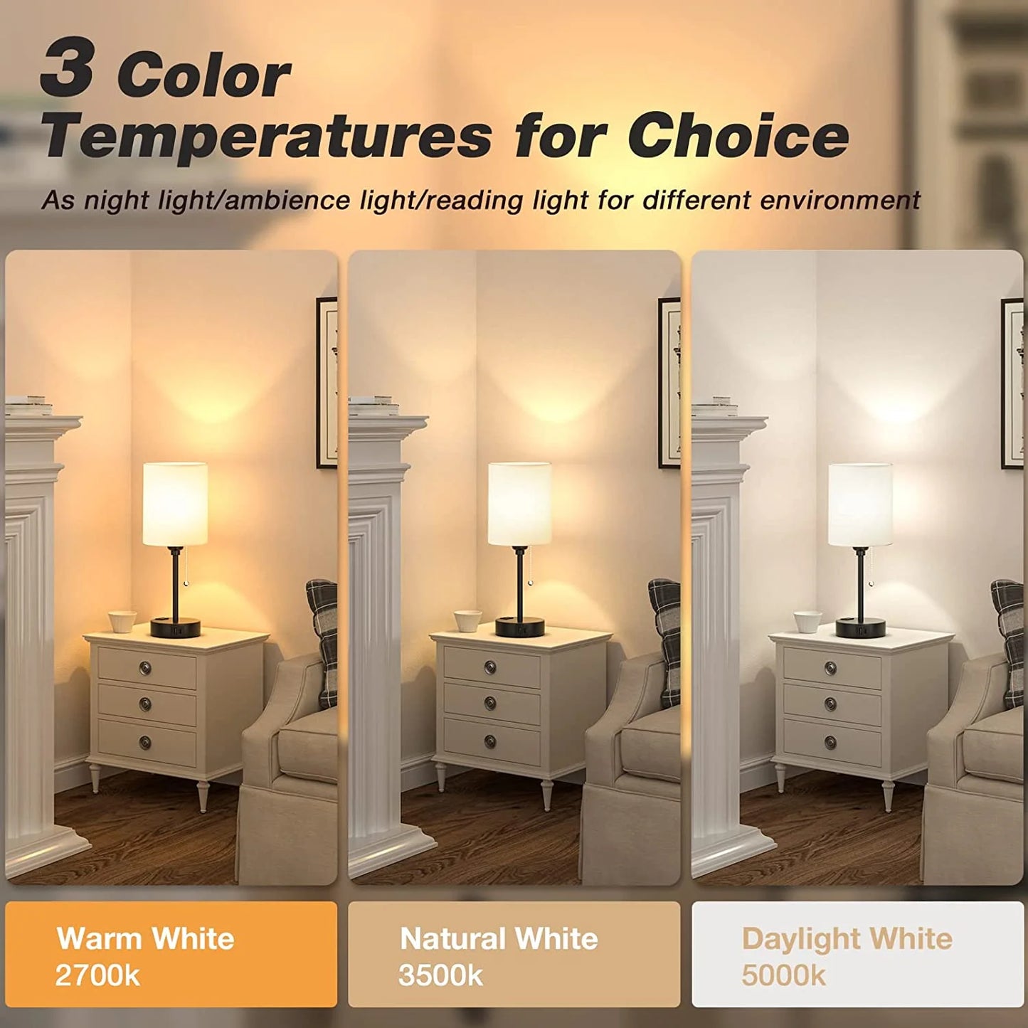 CAALOGT Table Lamp with USB Ports, AC Outlet, 3 Color Temperatures, 14.6 inch Bedroom Lamp