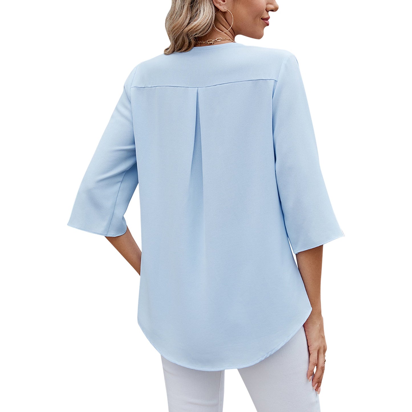 TEMOFON Women Summer Blouses Dressy Casual Ruffle V Neck Tops Comfy Chiffon Loose Fit 3/4 Sleeve Light Blue Shirts
