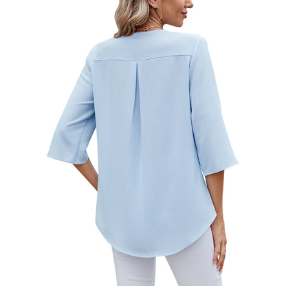 TEMOFON Women Summer Blouses Dressy Casual Ruffle V Neck Tops Comfy Chiffon Loose Fit 3/4 Sleeve Light Blue Shirts