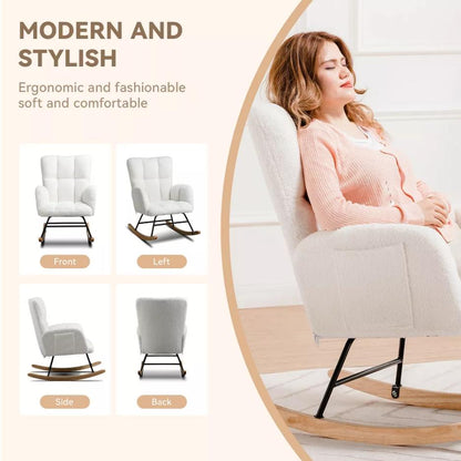 COMHOMA Modern Nursery Rocking Chair, Teddy Upholstered Glider Accent Chair with Side Pockets, High Backrest
