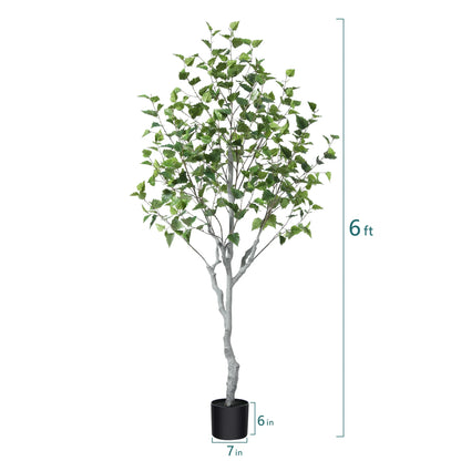 6ft Fake Plastic Betula Tree in Pot, Pre Potted Faux Greenry Plant for Home Decor Office House Living Room Indoor Outdoor, Big Fake Plants Fake House Plants